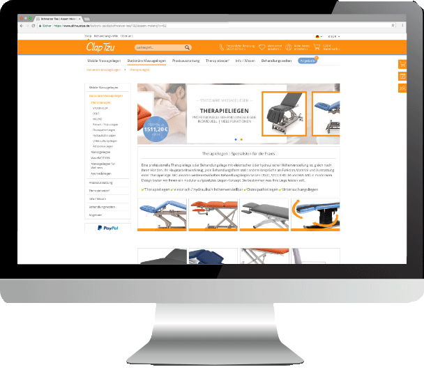 Shopware Partner Referenz: Clap Tzu Therapieliegen und Massageliegen Onlineshop in drei Sprachversionen – mit Pickware Integration