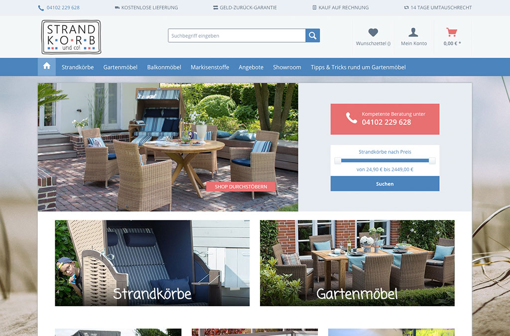 Beachcart B2C online shop with Shopware Professional Plus: Strandkorb.co